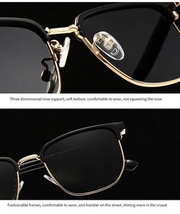 Detail of soft silicone nose pads and golden metal bridge on semi-rimless sunglasses