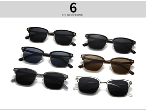 Detailed catalog of retro semi-rimless sunglasses in six colors with metal and plastic frames