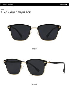 Front and side view of black and gold polarized sunglasses with club-style frames