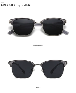 Macro detail of retro semi-rimless sunglasses with silver metal cross floral patterns