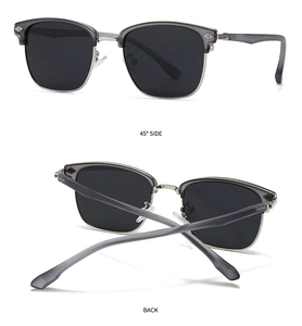 Detail view of semi-rimless sunglasses showing 45-degree side and back view