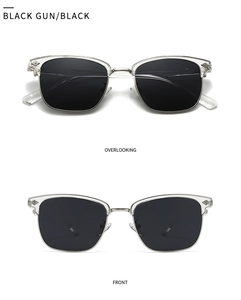 Front and top view of black polarized sunglasses with silver cross metal accents