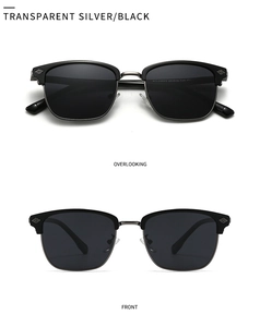 Detail view of square half-frame sunglasses with silver cross pattern on the hinge