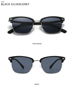 Close-up of retro semi-rimless polarized sunglasses showing frame details and dimensions