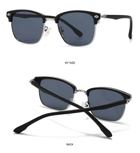 Detail view of Clubmaster polarized sunglasses with black frame and silver metal accents