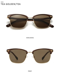 Macro view of tea golden polarized sunglasses with metal floral carving and lens specs