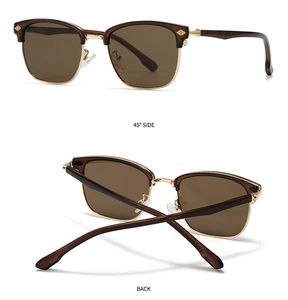 Detailed 45-degree side and back view of retro tortoiseshell semi-rimless sunglasses