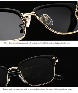 Detail view of comfortable nose pads and sleek frame specs on black and gold sunglasses