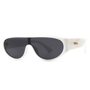 Modern retro white shield sunglasses with thick frame and gold metal temple accents