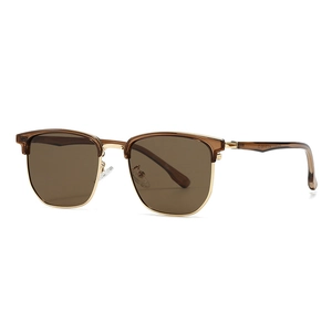 Retro semi-rimless polarized sunglasses with brown transparent frame and gold metal accents
