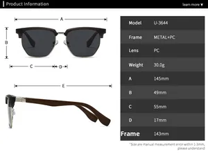 Detailed technical specifications and dimensions for these polarized browline sunglasses
