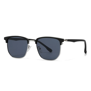 Classic polarized semi-rimless Clubmaster sunglasses with black frame and silver metal accents