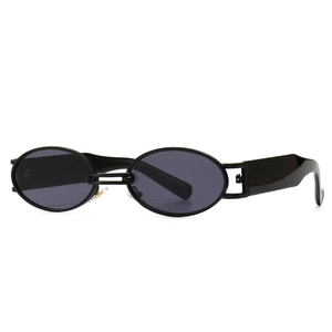Retro punk style square black sunglasses with wide temples and dark grey lenses
