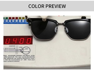 Polarized sunglasses showing UV protection testing on professional meter display
