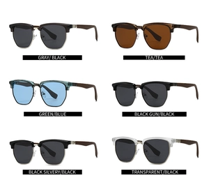 Six vintage semi-rimless polarized sunglasses with wood grain temples in varied color options