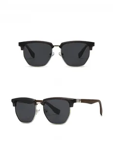 Front and side view of retro semi-rimless polarized sunglasses with wood grain temples