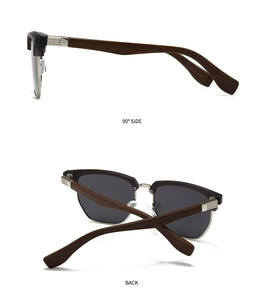 Detailed views showing side and back angles of semi-rimless polarized sunglasses with wood grain