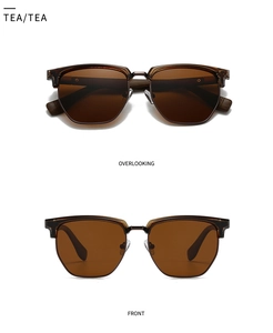 Dual view of retro semi-rimless sunglasses in tea brown showing front and overhead details