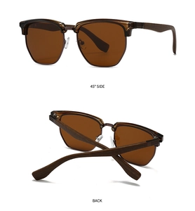 Detail views of clubmaster sunglasses with brown lenses and dark wood grain temples