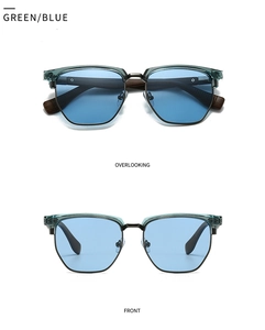 Front and top view of semi-rimless polarized sunglasses with teal frames and blue lenses