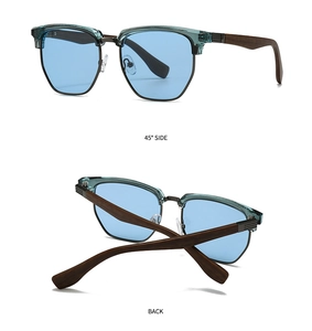 Polarized retro half-frame sunglasses with wood temples and light blue lenses