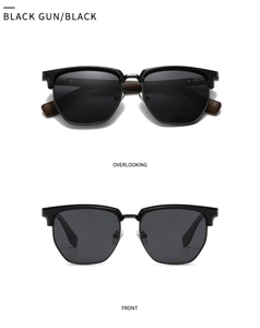 Polarized black semi-rimless sunglasses with dark lenses and wooden texture temples