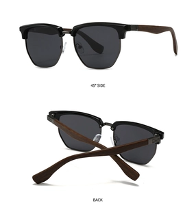 Detail view of retro polarized clubmaster sunglasses with wood grain temples at 45 degree angle