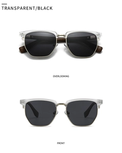 Front and top view of retro semi-rimless polarized sunglasses with transparent upper frames