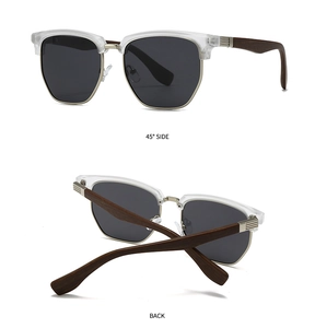Detail view of half-frame polarized sunglasses with wood temples from side and back angles