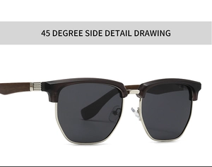 Close-up of 45-degree side view showing wood grain temples and metal clubmaster frame