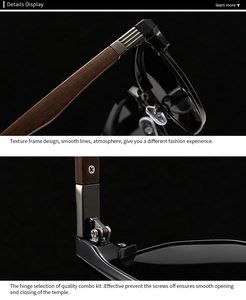 Detailed macro view of durable metal hinges and wood grain temples on polarized sunglasses