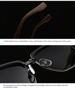 Detail of wooden texture temple and soft silicone nose pad on black polarized sunglasses