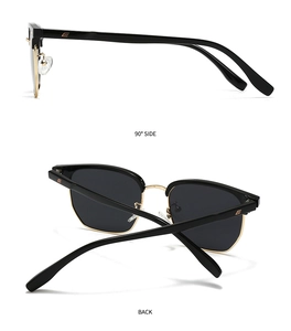 Détails latéraux et arrière de lunettes de soleil demi-cerclées avec accents dorés