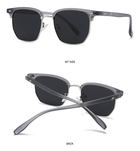 Détail de lunettes de soleil demi-cerclées avec pont argenté et logo E sur la branche
