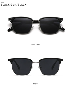 Détail des lunettes de soleil demi-cerclées en noir et gris métal sous deux angles