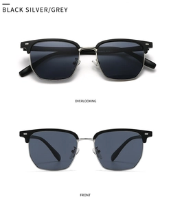 Vues de face et de dessus de lunettes de soleil demi-cerclées rétro noir argenté à verres gris