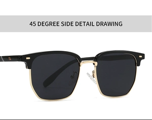 Détail de lunettes de soleil demi-cerclées avec monture noire, accents dorés et logo E