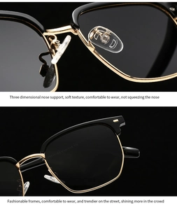 Détails macro de lunettes de soleil demi-cerclées noir et or avec pont en métal et plaquettes