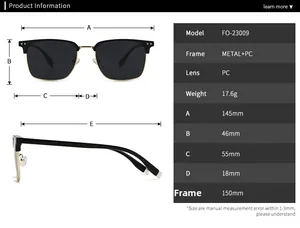 Detailed size specifications for polarized sunglasses showing frame and lens dimensions