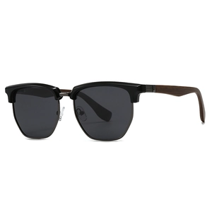 Classic semi-rimless polarized sunglasses with wood grain temples and dark grey lenses
