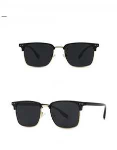 Detailed front and side views of semi-rimless sunglasses in black and gold frame