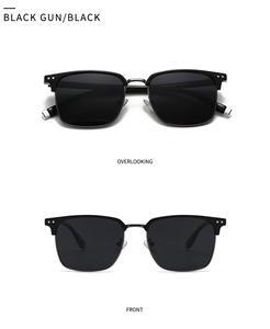 Front and top view of semi-rimless polarized sunglasses with gunmetal and black frames