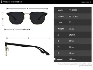 Detailed technical chart showing dimensions and materials of retro polarized sunglasses