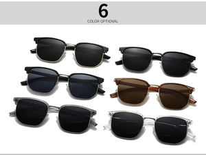 Detailed flat lay of semi-rimless sunglasses in six assorted colors and lens tints