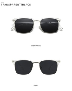 Front and top view of transparent square frame sunglasses with black polarized lenses