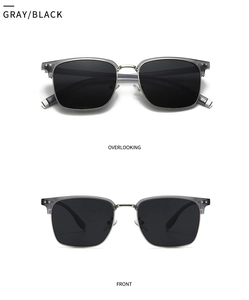 Front and top view of semi-rimless square polarized sunglasses in gray and black