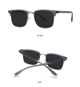 Polarized clubmaster sunglasses with gray semi-transparent frame and silver metal bridge