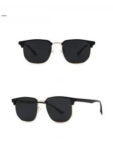 Front and 45-degree side views of classic black and golden clubmaster polarized sunglasses