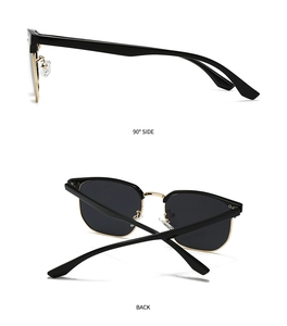 Detail view of black and gold semi-rimless polarized sunglasses from side and back angles