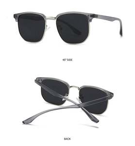 Polarized browline sunglasses featuring grey translucent frame and silver metal bridge details